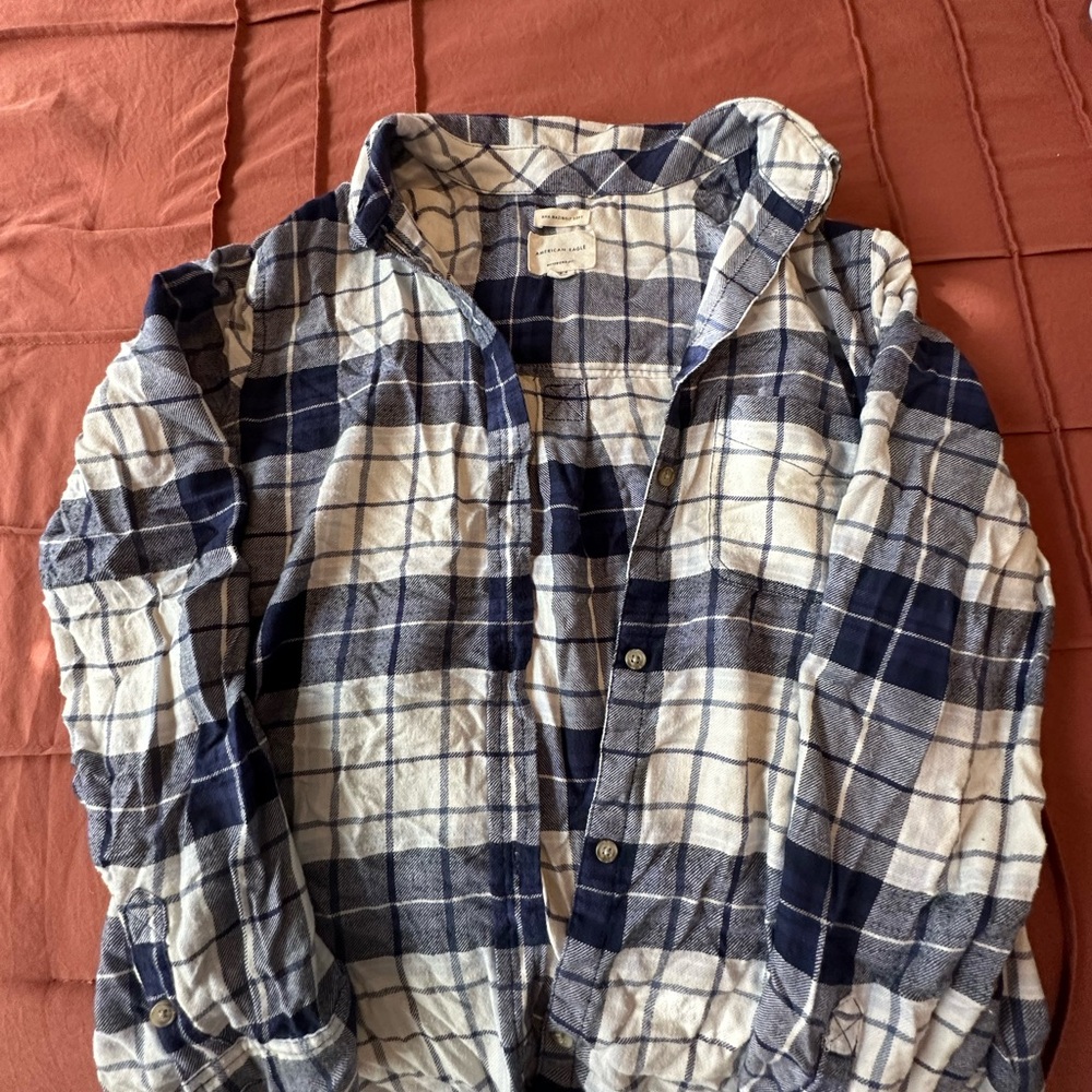 Blue and White Plaid Button-Up Shirt